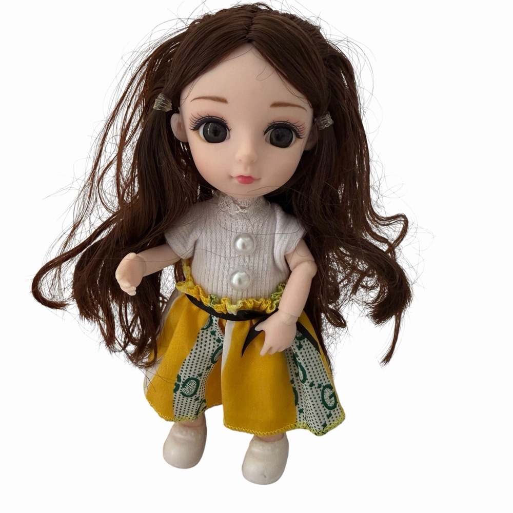 Poseable Ball-Jointed Big Eyes Doll Anime Style Brunette Long Hair 6.25"